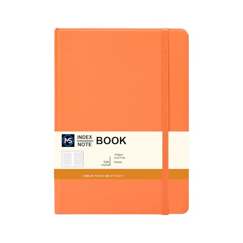 Image of MS MY STATIONERY Index Notebook A5 Hardback Faux Leather Cover A-Z Tabs 8mm Ruled 208 Pages 100 GSM Acid-Free Paper – 14.5 X 21 CM Note Book (Orange Cover)