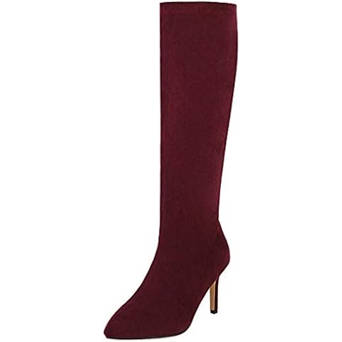 LUXMAX Womens Faux Suede Pointed High Heel Knee High Stiletto Boots with Zip Up Size 5UK,Burgundy Cover