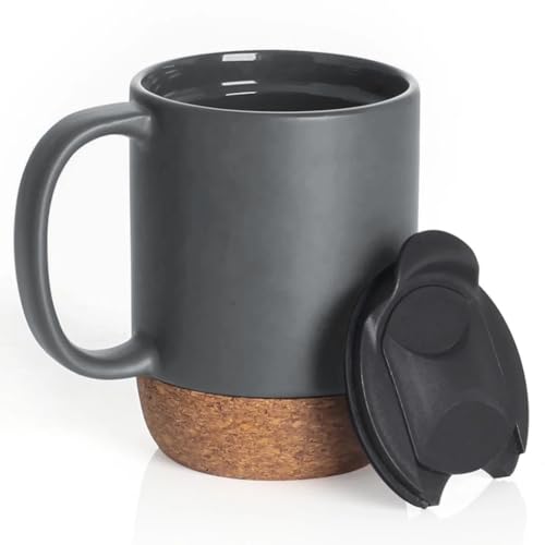 Reusable Ceramic Travel Mug with Handle and Lockable Lid & Heat Proof Cork Base - Spill Proof Refrigerator Safe Heat Resistant Coffee Mug - Dark Grey