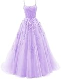 Vtorliya Women's Lace Appliques Prom Dresses Long Tulle Spaghetti Straps Ball Gowns Corset Backless Evening Dress Lilac