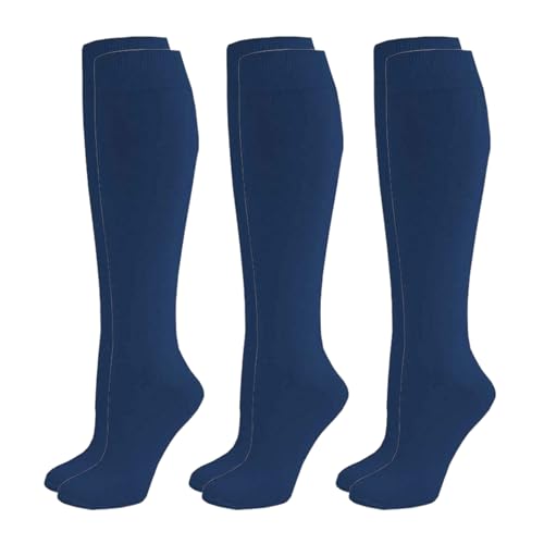 ShopMCR 3 Pairs Unisex Kids Boys Girls Back to school Socks Premium Knee High Cotton Rich Plain Daily Wear Children Socks (Navy, 4-6)