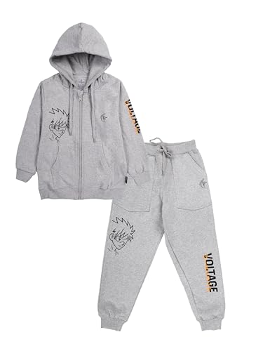 Image of Boys Solid Fleece Full Sleeve Zip Front Open Hooded Sweatshirt With Track Pant Set