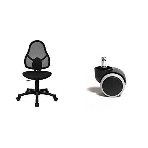 Topstar Open Art Junior, Schreibtischstuhl für Kinder und Jugendliche, Bezugsstoff, schwarz & 6991 Rollenset, Hartbodenrollen für Bürostuhl, Rollenset = 5 Rollen für Schreibtischstuhl, schwarz