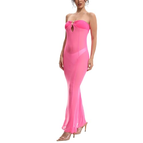 Image of Sexy Sheer Mesh Dresses for Women See Through Maxi Dress Strapless Tube Top Night Party