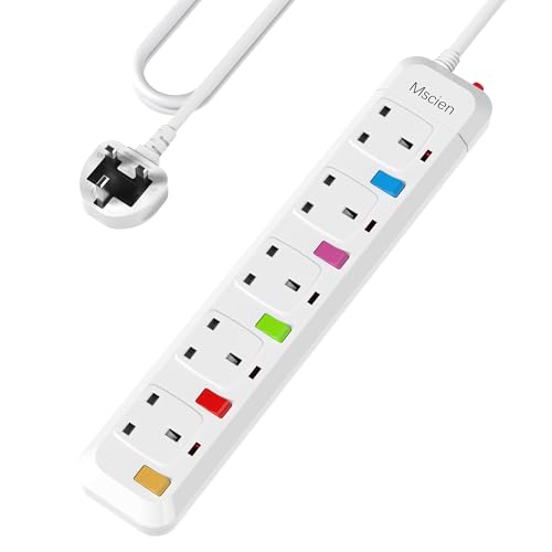Mscien 1M Extension Lead 5 Way Independent Switch Surge Protected Extension Lead UK Power Strip Wall Mountable with 1 Metre Extension Cord 5 Gang Multi Plug Extension Sockets