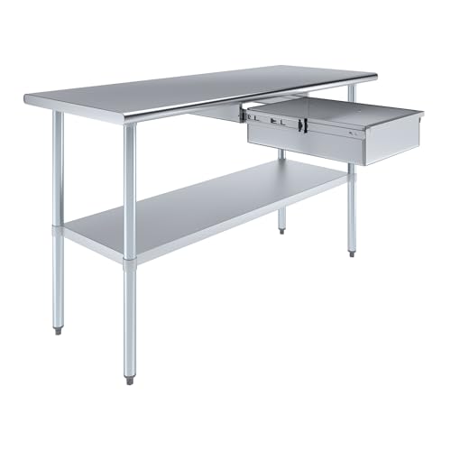 Image of AmGood Stainless Steel Table with Drawer | Commercial & Residential Kitchen Laundry Garage Utility Bench | NSF (Stainless Steel Table + Drawer, 60 inch Long x 24 inch Deep)
