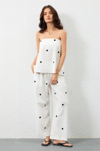 Conjunto de 2 piezas para mujer con pantalones de pierna ancha y top sin tirantes de lunares 5