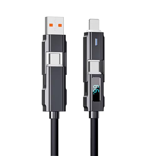 KRZNA 4-in-1 LED Display Charging Cable | 66W Fast Charging | Nickel Metal Build | Type-C, Lightning & USB-A Support | Data Transfer Cable for Phone & Laptop