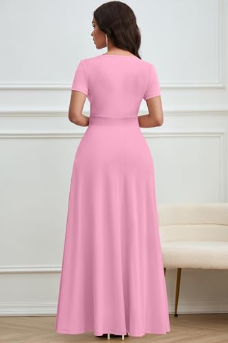 Image of CLOCOR Maxi Dress for Women Long Summer Short Sleeve Evening Formal V Neck A Line Dresses Wedding Guest Empire Waist Elegant