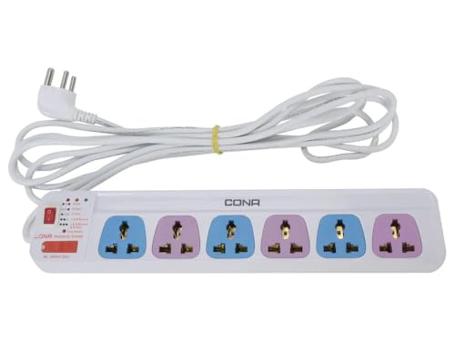 Image of PM CONA Power Strip with 6 Sockets, 4 Metre Cord, 6 Ampere, Spike Guard with Indicator, Multicolour (3291)