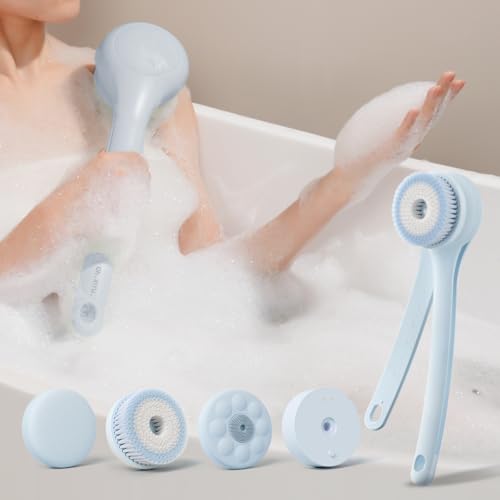 電動ボディブラシ シャワーブラシ、防水長柄ダブルハンドル 背中ブラシ ボディブラシ 電動ボディスクラブブラシ(替えブラシ3個付き)、充電式ボディブラシ & 2段階調節、柔らか、洗浄、お風呂
