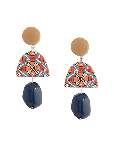 MINACHI Boho Chic Geometric Drop Earrings, Vibrant Multicolor Pattern with Navy Accent Beads & Glossy Studs, Jewelry Gift for Women