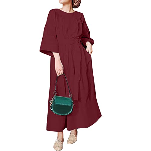Celmia Robe Longue Femme à 3/4 Manches Longues Maxi Robe Décontractée Lâche Unie avec Ceinture Grande Taille A-Vin Rouge 5XL Cover