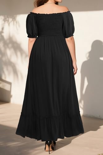 Image of Plus Size Summer Dresses Sun - Maxi Boho Casual Off Shoulder Floral Lace Long Dress with Pockets