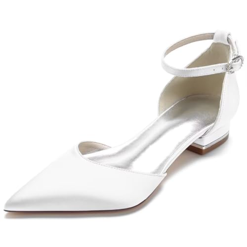 Women's Satin Bridal Flats Ankle Strap Wedding Shoes Pointed Toe Elegant Flats for Bride & Bridesmaid