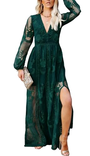 Women Fall V Neck Embroidered Lace Maxi Wedding Dress Long Sleeve Brides Bridesmaid Wedding Guest Formal Party Dresses Dark Green