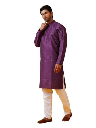 Image of SOJANYA (Since 1958 Men's Silk Bend Krochet Thread Embroidered Kurta with White Pyjama