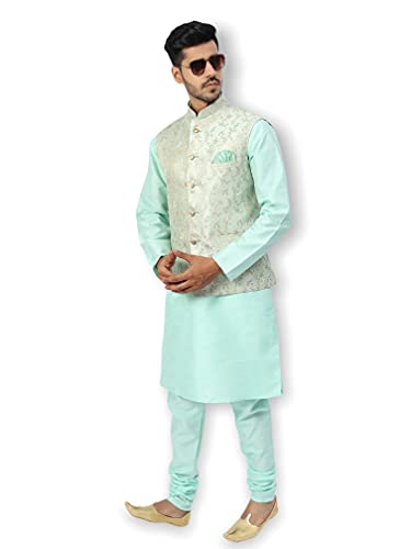 Uri and MacKenzie Men's Silk Blend Regular Kurta Churidar Pyjama with Bundi Nehru Jacket/Waistcoat