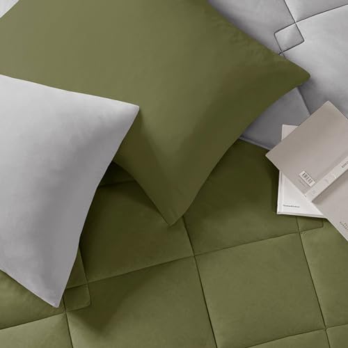 Image of Comfort Spaces King Comforter Set, Chic Reversible Quatrefoil Quilting Comforters King, All Seasons, Lightweight Microfiber Bedding Set Matching Sham, Vixie, King Green /Grey 3 Piece