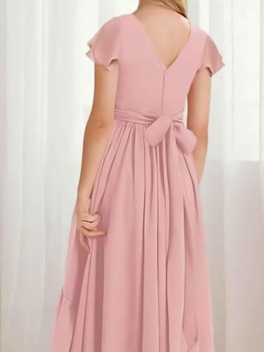 GATMAHE Chiffon Ruched Sqare Neck Junior Bridesmaid Dresses for Girls Short Sleeves High Low A-line Flower Girls Dress3