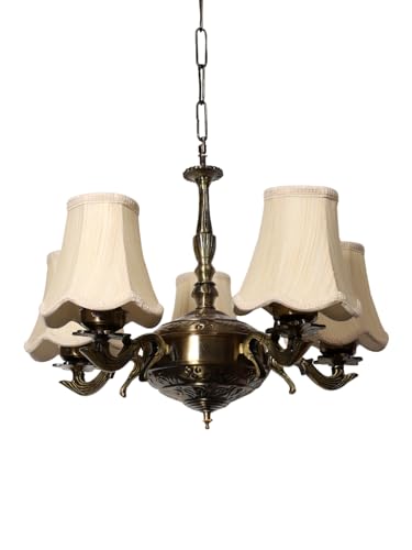 Image of Devansh 05 Lights Off-White Vintage Cotton Shade with Antique Golden Chandelier -L