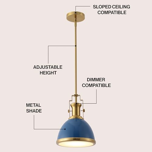 Image of JONATHAN Y Homer Industrial Dome Pendant 10 inch, Navy /Brass Gold | 1-Light, Farmhouse Style, Adjustable Hanging Height, Glass Diffuser, Sloped Ceiling Compatible, Metal, LED Bulb Included
