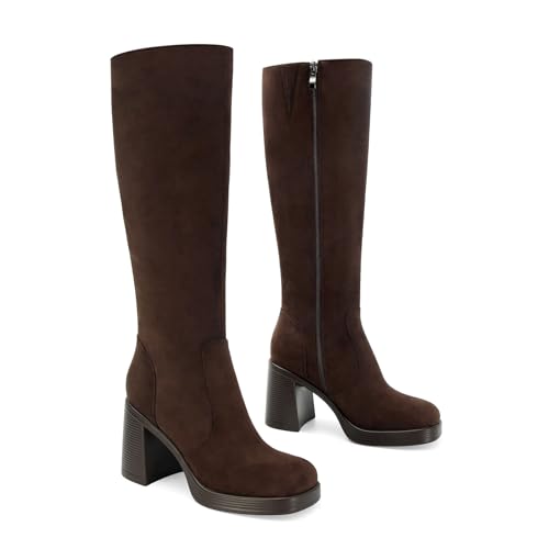 Image of SOVANYOU Black Leather Boots Platform Boots for Women Fashion Square Toe Chunky Block Heeled Boots Side Zip