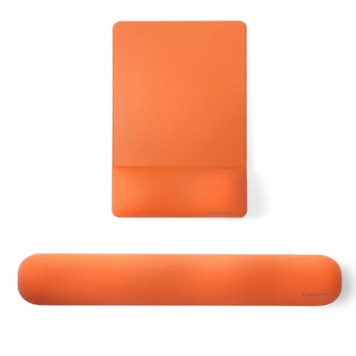 Image of UnivoColors Design-Wave Set of Keyboad Wrist Rest & Mouce Pad,Artificial Sheepskin+Memory Foam+Ergonomic+Anti-Slip Gel, Resilience Support During Work and Gaming,Keyboard Accessory,Tangerine