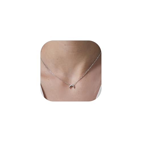 ChicSilver Collar Mujer Luna Invertida Plata de Ley 925 Colgante Pequeño Oro Blanco Gargantilla Choker Joyería Delicada Pareja Chica Regalo Aniversario