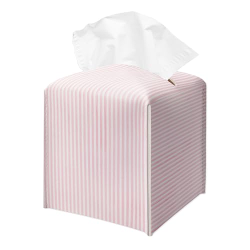 Pink Stripe Tissue Box Holder Cute Leather Tissue Box Cover Square Waterproof Facial Paper Organizer Dispenser for Home Bathroom Bedroom Night Stand Office Countertop -031