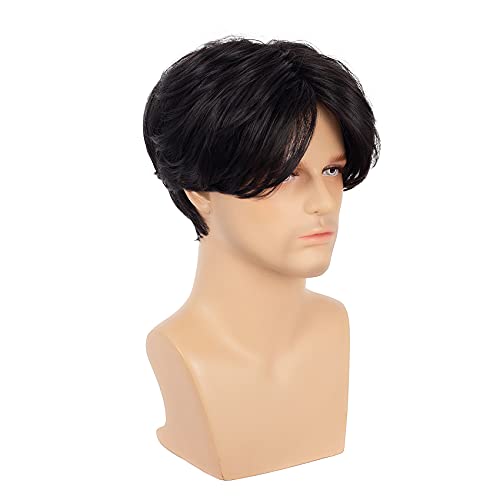 Image of Swiking Men Wigs Short Black Straight Middle Part Synthetic Hair for Male Guy Halloween Cosplay Party Wigs with Cap (Black)