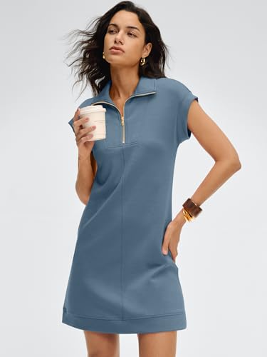 Image of ANRABESS Womens Summer Casual Half Zip Cap Sleeve Trendy Wrinkle-Free Tshirt Dress 2026 Spring Beach Vacation Short Dresses