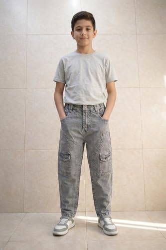 Image of Boys Cargo Pants, Kids Cargo Jeans with Pockets, Adjustable Waist, Stretch Denim Casual Pants for Boys
