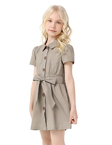 Huanye Girls' School Uniform Dress Short Sleeve Button Down Summer Lightweight Cargo Shirtdress Khaki 5-6 Years #TOP1