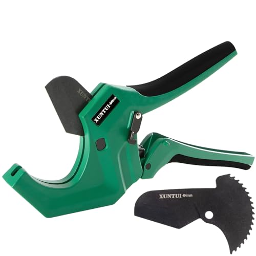 XUNTUI PVC Pipe Cutter with Extra Blade，Ratchet PVC Pipe Cutter Pex Cutting Tool for Cutting PEX, PVC, PPR Plastic Hoses and Plumbing Pipe (Dark Green, OD64mm)