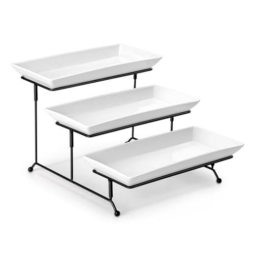 MALACASA 3 Tier Serving Trays for Party, Porcelain Serving Platters and Trays, 12 Inch Tiered Tray Stand, Fruit Tray, Trays for Serving Food, White Dessert Stand with Collapsible Sturdier Metal Rack