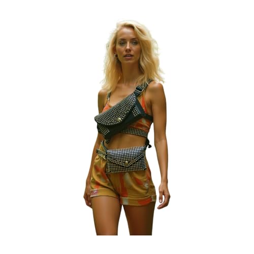 Women Fashion Skinny Black Faux Lerather Belt Hip Waist Silver Metal Studs Wallet Bag Size S M z0373