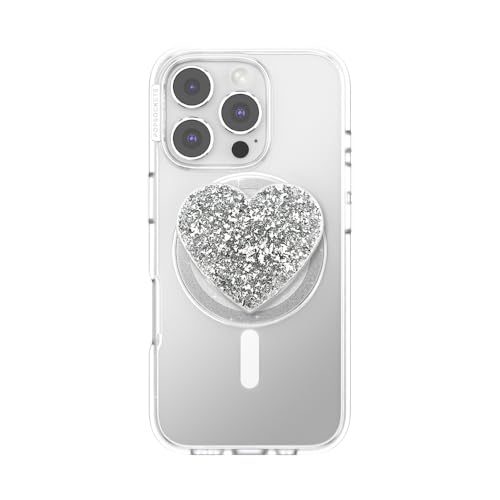 Image of PopSockets Phone Grip for MagSafe, Magnetic Holder, Phone Stand, Silver - Confetti Heart Silver Sizzle