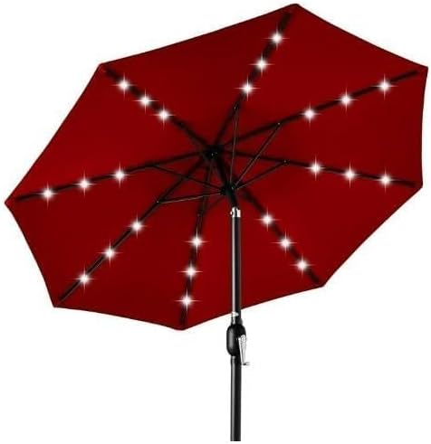 10FT Outdoor Patio Umbrella with 8 Sturdy Ribs, Solar Powered LED Lighted Table Umbrella with Push Button Tilt and Crank, UV Protection Waterproof for Garden, Deck, Backyard, Pool (Brown)