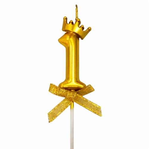 Image of Rozi Decoration Number 1 Birthday Candle for Cake with Crown Design | Gold Metallic Number Candle with Stick | Cake Topper for Kids, Baby and Family Birthday Celebration
