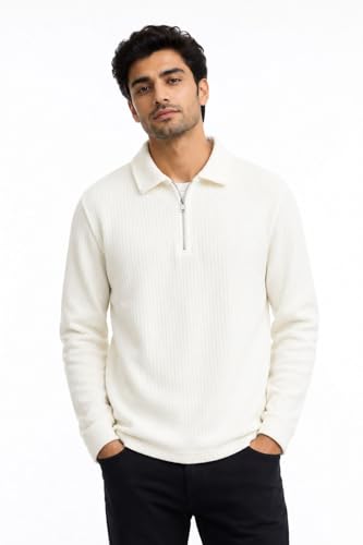 Image of Men's Beige Textured Quarter Zip Polo T-Shirt
