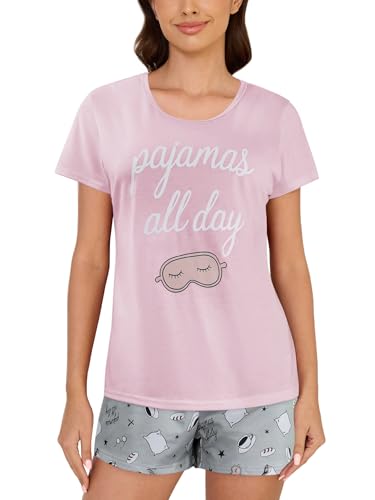 Image of VENTELAN Pajama Set For Women Cute PJS Summer Short Sleeve Shorts Sleepwear