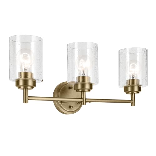 Image of Kichler Winslow 21.5 inch 3-Light Bathroom Vanity Light Fixture with Clear Seeded Glass in Natural Brass for Luxe Industrial Style Over Mirror (21.5 inch x 9.25 inch), 45886NBR