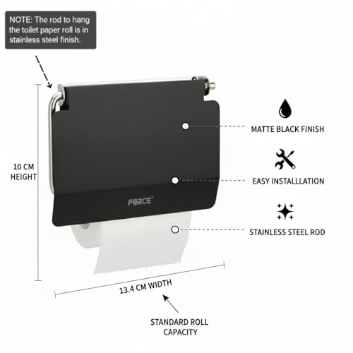 Image of Force Stainless Steel Toilet Paper Roll Holder | Wall-Mounted Bathroom Tissue Holder | Rust-Proof & Corrosion-Resistant | Space-Saving Durable Bathroom & Basin Accessory (Black)