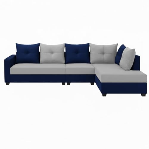 Image of SOCOZI Oriana 6 Seater RHS L Shape Sofa Set | Soft Velvet Suede Fabric | Modern Design | Plush Comfort Cushions for Living Room (Dark Blue-Light Grey)