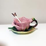 Minigift Ceramic Tea Cup and Saucer Set ，6OZ 3D Hand-Painted Flower and Lotus Leaf Coffee Mug，Gift for Women- Dark Pink Rose