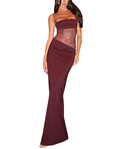 Women Sexy Lace Patchwork Maxi Dress Spaghetti Straps Y2K Sheer Long Bodycon Club Cocktail Dresses - Main Image
