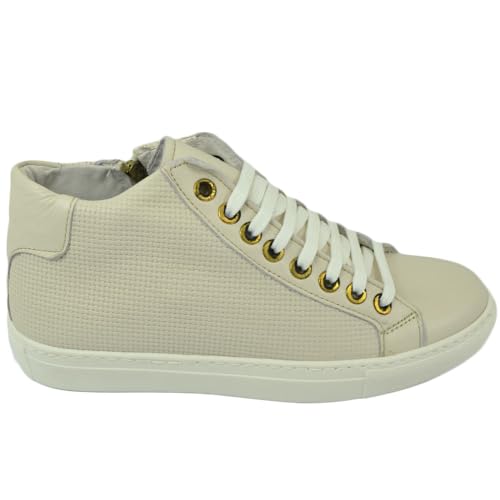  Sneakers Uomo Vera Pelle Beige con Stampe Laterali (40 EU)