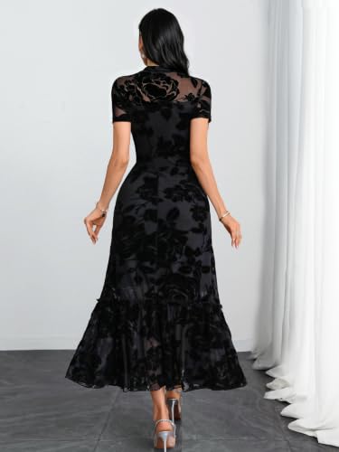Image of GothDark Women's Summer Floral Mesh Ruffle Casual Maxi Wedding Guest Dress