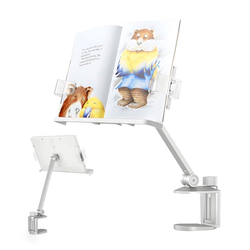Wuciray Atril para libros Acrílico Atril Estudio Rotación de 360° con Base de Aluminio y Brazo Ajustable Soporte de Libro para Lectura Soporte tablet Atril libros para Tapa Dura, Receta y iPad